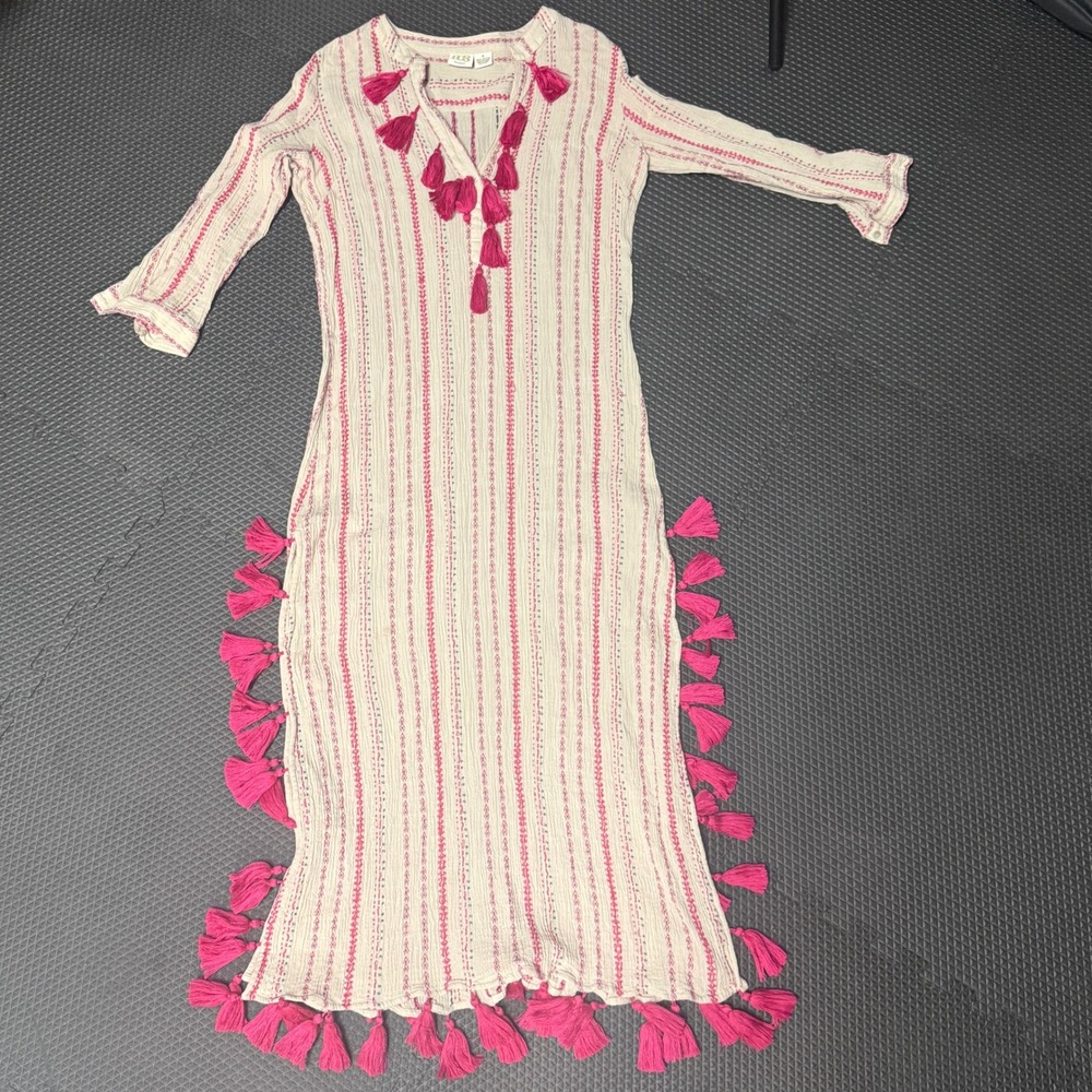 Boo Gemes Pink Caftan Tassel Gauze Maxi Dress Small Boho Resort Long Sleeve